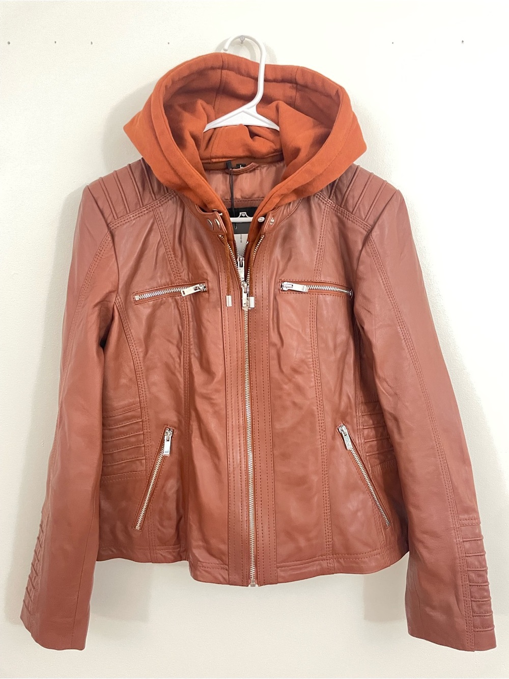 NWT Angel Jackets Helen Hooded Women's Leather Moto Jacket Cognac Brown L